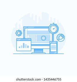 Website optimization, Website traffic, Seo friendly website, flat outline vector illustration with seo icons