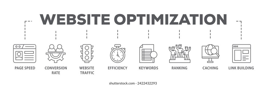 Website optimization web banner icon vector illustration concept consists of page speed, conversion rate, website traffic, efficiency, keywords, ranking, caching icon live stroke and easy to edit