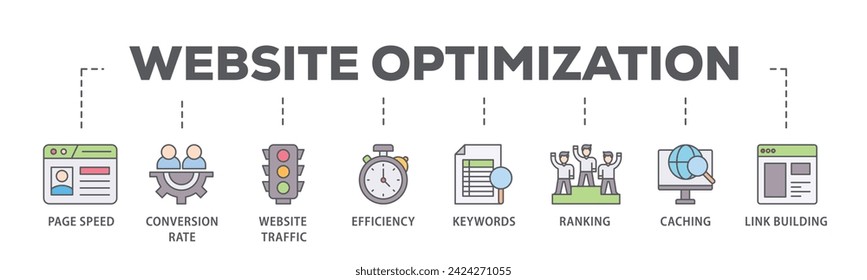 Website optimization web banner icon vector illustration concept consists of page speed, conversion rate, website traffic, efficiency, keywords, ranking, caching icon live stroke and easy to edit