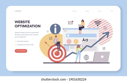 Website optimization web banner or landing page. Website development and programming, making responsive interface on computer. Vector flat illustration