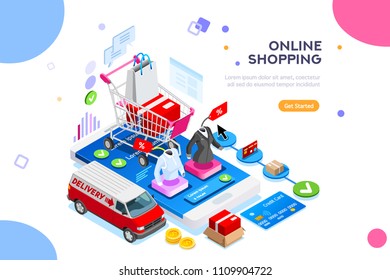 Website order on mobile clothing app. Edit and easy customize isolated landing page, buy or shipping cart template. Infographics, images for web banner. Flat isometric vector illustration.