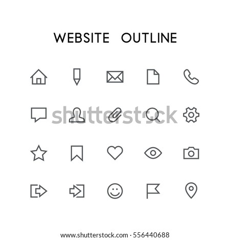 Website outline icon set - home, pencil, document, phone, chat, mail, man, search, gear, star, bookmark, heart, eye, photo and others simple vector symbols. Internet and social network signs.