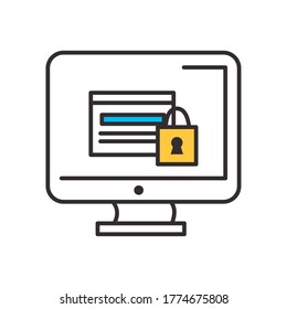website with padlock on computer line and fill style icon design of Security lock access door house safe safety and protection theme Vector illustration