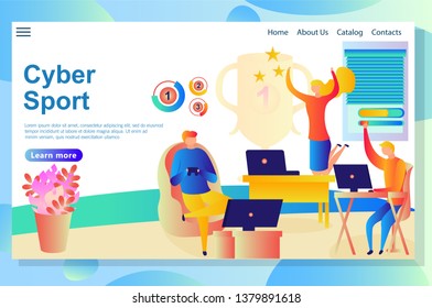Website page about cyber activities, people competing and winning in some virtual games. Vector illustration for website and mobile website.