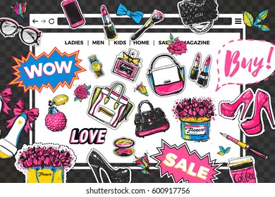 Website page banner design template. Online shopping stickers and patches collection. Vector fashion illustration in vogue style.