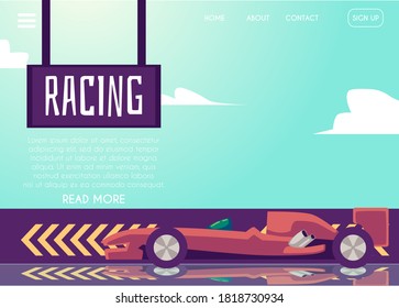 Plantilla de banner de la página web para carreras de autos con coches parados en el inicio, ilustración plana vectorial. Interfaz de la página de inicio de competición de carreras de automóviles de velocidad.