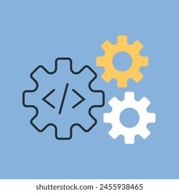 website. page. a computer. work. settings. sheet. bug. file. pin. blue background. programming. write code. code. programmer. we work with the code. we are writing a program. The icon is flat.