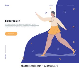 Website page concept design with fashion theme. Fashionable girl with abstract background and geometric print. Page with button and call to action.