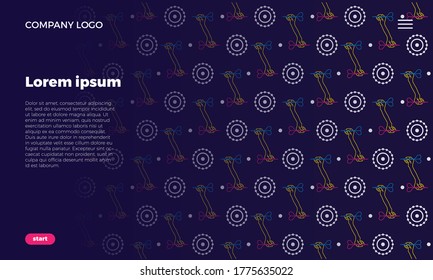 Website Page Concept. Seamless flat neon pattern. A linear hand holds a dart and aims at the target. Concept for web use. On a dark blue background.with place for text