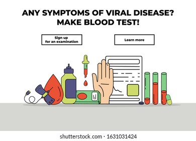 Website page design template with thin line icons of laboratory diagnostics equipment.
