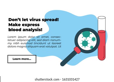 Website page design template with thin line icons of blood analysis tube and magnifier.