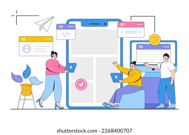 Website page development concept with people characters. Optimization, user experience. Website layout elements, photo, data transfer.