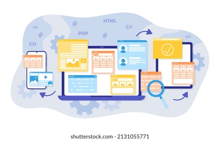 Website page development. Interface and design for website, programmers and designers, freelancers. Digital world and modern technologies. Internet and social media. Cartoon flat vector illustration