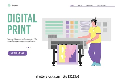 Website page for digital print service cartoon flat vector illustration. Polygraphy and typography printing works banner template for web or landing page.