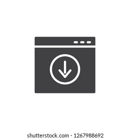 Website page download vector icon. filled flat sign for mobile concept and web design. Browser window download arrow simple solid icon. Symbol, logo illustration. Pixel perfect vector graphics