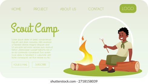 Una página de Sitio web con un boy scout sentado en un tronco cerca de una fogata con un malvavisco en una rama. Concepto de camping y aventura. Interfaz de usuario. Vector. Estilo plano. Anuncio publicitario.