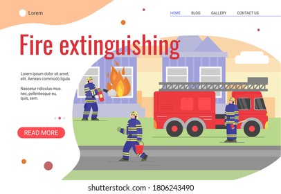 Página web de servicios de extinción de incendios con personajes de dibujos animados de bomberos, ilustración plana vectorial. Interfaz de página de aterrizaje para rescate y extinción de incendios.