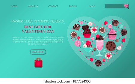 Website page with a gift for Valentine s Day. Romantic picture in pink, turquoise and red. Store with gifts and sweets for the holiday of all lovers. Vector illustration for the app, website and