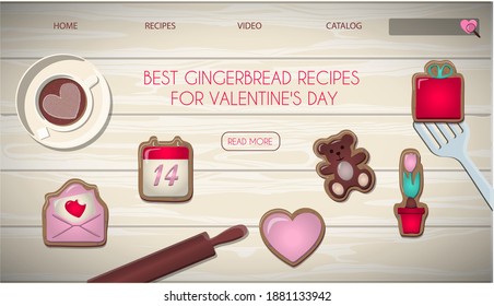 Website page with a gift for Valentine s Day. Romantic picture in pink, turquoise and red. Master class on baking cookies with icing for the holiday of all lovers. Vector illustration for the app