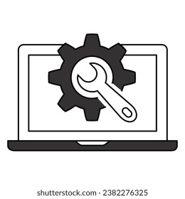 A website page icon with a cog and wrench, representing website maintenance, development, construction, repair, and improvement.