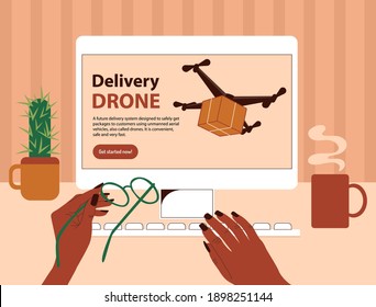 Website page with information on contactless fast delivery of parcels by air. African American black female hands choose safe drone delivery. First-person view of a desk with a computer.