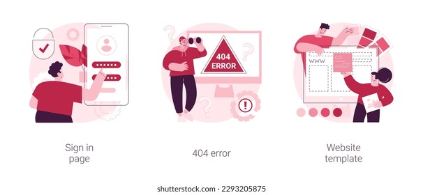 Website page interface abstract concept vector illustration set. Sign in page, 404 error, website template, user login form, UI, new account registration, landing page, web design abstract metaphor.