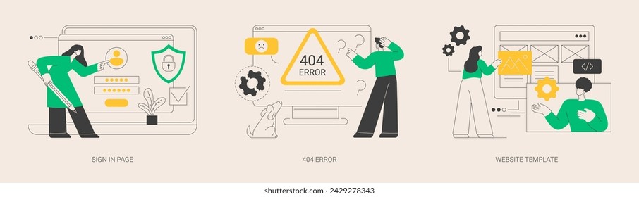 Website page interface abstract concept vector illustration set. Sign in page, 404 error, website template, user login form, UI, new account registration, landing page, web design abstract metaphor.