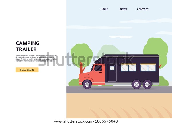 Website page interface with\
camping trailer against landscape backdrop, flat vector\
illustration. Concept of family summer auto trip and camping for\
web banner.