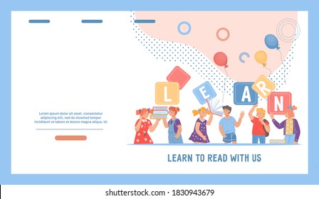 Website page interface for children reading classes with cartoon boys and girls characters. Online kids  preschool education, learning to read, flat vector illustration.