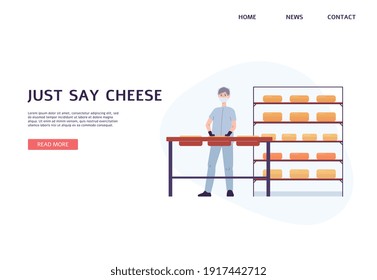 Website page interface for creamery factory with employee working on cheese production, flat vector illustration. Dairy products processing and cheese production.