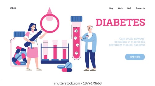 Website page interface for diabetes disease clinic or medical glucose test laboratory, flat cartoon vector illustration. Landing web page mockup for diabetes treat.