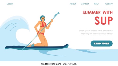 Website page interface for summer SUP stand up surf water activity, flat vector illustration. Web banner template with woman on paddleboard paddling in waves.