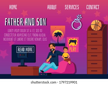 Website page interface template with cartoon characters of father and son playing video games using TV play console at home, flat vector illustration.