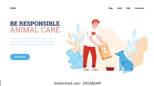 Interfaz de página web con perro de alimentación voluntario en refugio animal, ilustración vectorial de caricatura plana. Página web de voluntariado para el cuidado de animales y responsabilidad social.