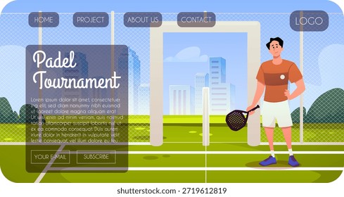 Página do site com um homem com uma raquete perto de uma rede, com a legenda "Torneio Padel". Banner de web de publicidade. Esportes, lazer, hobbies. Ilustração plana vetorial. Estilo de desenho animado.