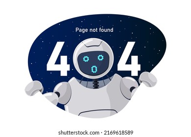 Website page not found error 404. Oops worried robot character peeking out of outer space. Site crash on technical work web design template with chatbot mascot. Cartoon online bot assistance failure