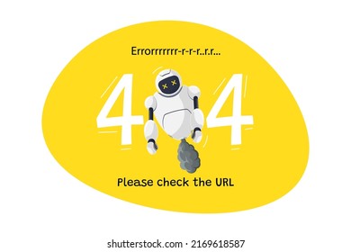 Website page not found URL error 404. Broken robot character on yellow background. Site crash on technical work web design template with chatbot mascot. Cartoon online bot assistance failure. Vector