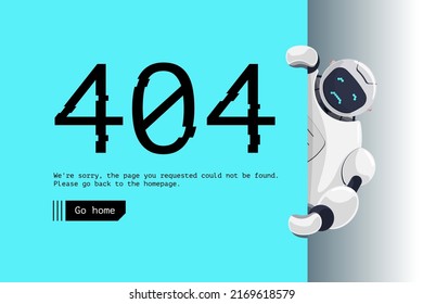 Website page not found. Wrong URL address error 404. Sad robot character holding blue board. Site crash on technical work web design template with chatbot mascot. Vector cartoon bot assistance failure