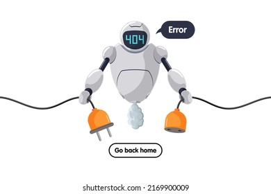 Website page not found. Wrong URL address error 404. Broken robot character keeps socket off. Site crash on technical work. Web design template with chatbot mascot. Online bot assistance failure. Eps