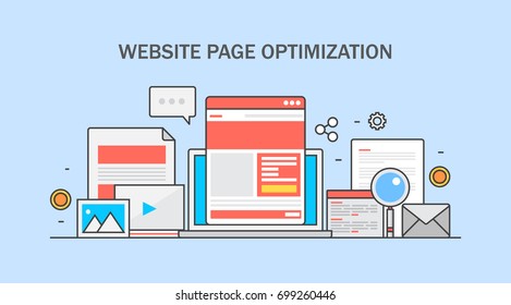 Website page optimization, call to action, landing page, conversion strategy flat line vector banner illustration with icons