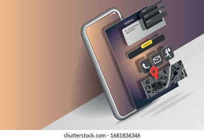 Website page with the organization's contacts and feedback form on the mobile phone screen in space. Vector banner