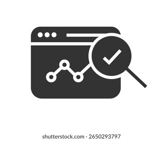 Página do site web análise de desempenho ícone de verificação de dados sólido negrito pictograma gráfico simples, site web análise online software teste auditoria dados de pesquisa, tendência kpi estatísticas gráfico serviço