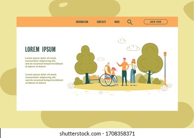 Website Page, Relationship with Older People. Young Family Took their Elderly Father in Wheelchair for Walk. They Communicate on Picturesque Lawn next to Tree, Bench. Grandchild Sit on Grandpa Lap.