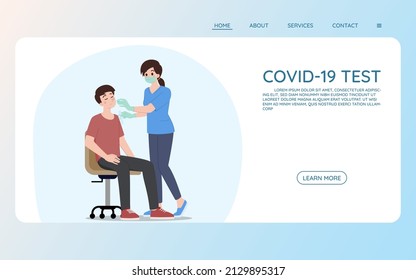 Website page show a doctor or nurse doing a nose swab test for a patient in the hospital to check for a coronavirus infection. Cartoon character health concept homepage for website on internet.