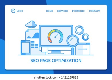 Website page speed, loading speed, Seo performance, Search optimization, flat outline vector illustration