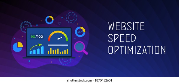 Website Page Speed Optimization concept. Laptop with high values point accelerometer. Web site Loading Time image for digital internet SEO marketing. Header and footer banner vector template