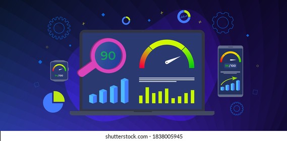 Website Page Speed Optimization horizontal vector banner. Loading time analysis - site page speed seo optimization services. Laptop, smartphone and smartwatch with graphs and charts on the screen