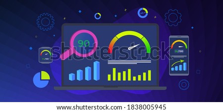 Website Page Speed Optimization horizontal vector banner. Loading time analysis - site page speed seo optimization services. Laptop, smartphone and smartwatch with graphs and charts on the screen