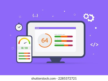 Concepto SEO de Optimización de velocidad de páginas web. Gráficos de velocidad de página en pantallas de escritorio y smartphone, con métricas de Core Web Vitals LCP, FID y CLS. Mejorar la experiencia del usuario y la clasificación de SEO