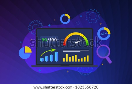 Website Page Speed Optimization vector illustration. Loading time analysis - site speed seo services. Laptop with page speed charts and graphs on the screen, speedometr of loading pages and scripts.